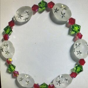 Vibrant Red and Green Beaded Bracelet with White Accents